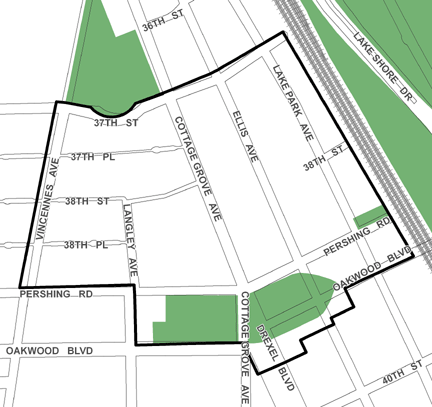 Madden/Wells TIF district, roughly bounded on the north by 37th Street, Oakwood Boulevard on the south, the Canadian National/Illinois Central Railway tracks on the east, and Vincennes Avenue on the west.